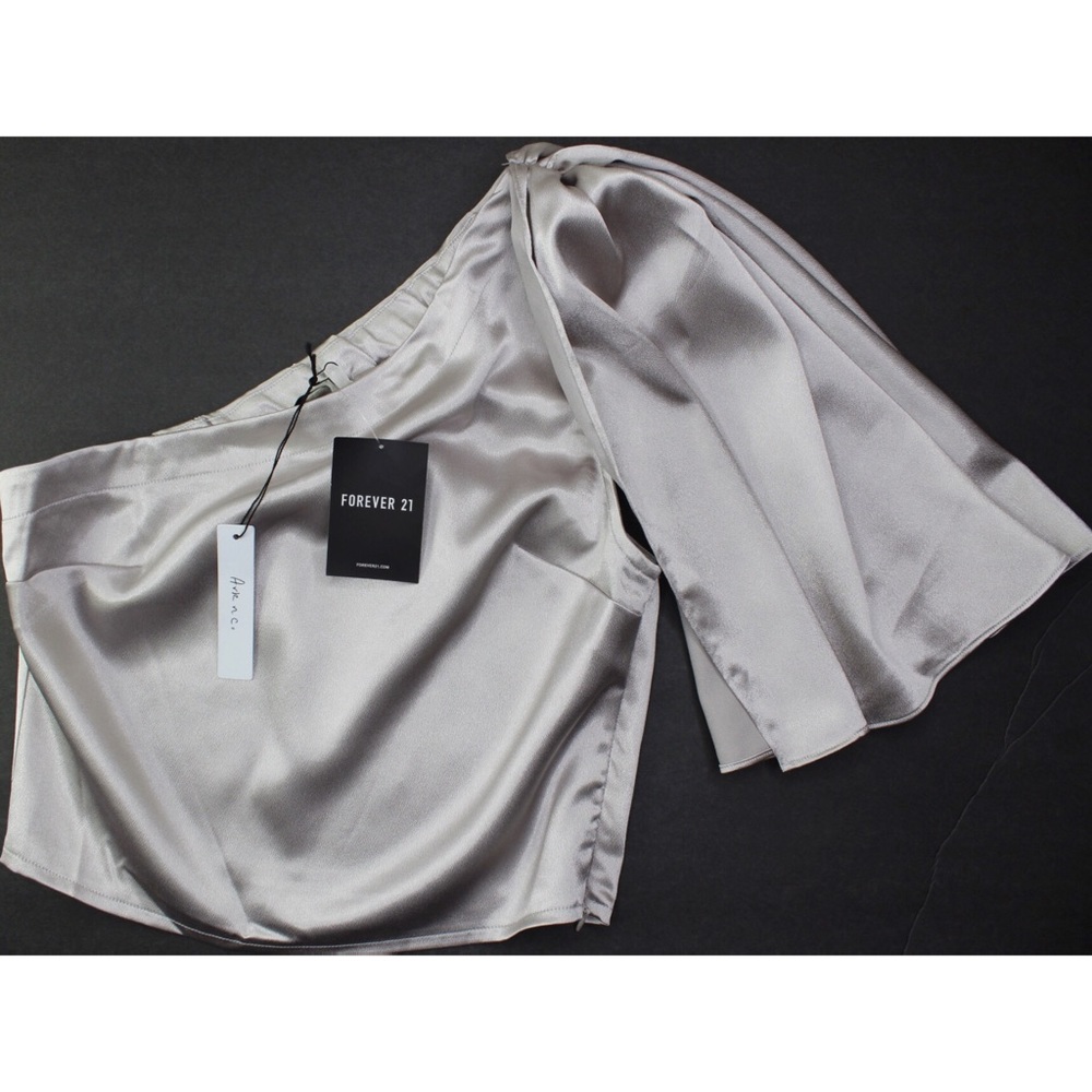 Forever 21 Metallic Grey One Shoulder Bow Crop Top